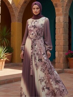 2 Tone Floral Chiffon Lavender Maxi Dress with Belt